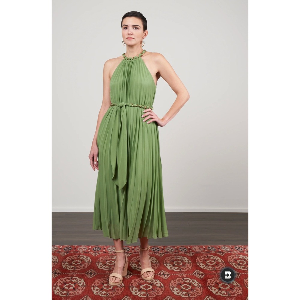 Zimmermann Sunray Pleat Dress Size 2 Sage Green Gold Chain Halter Maxi